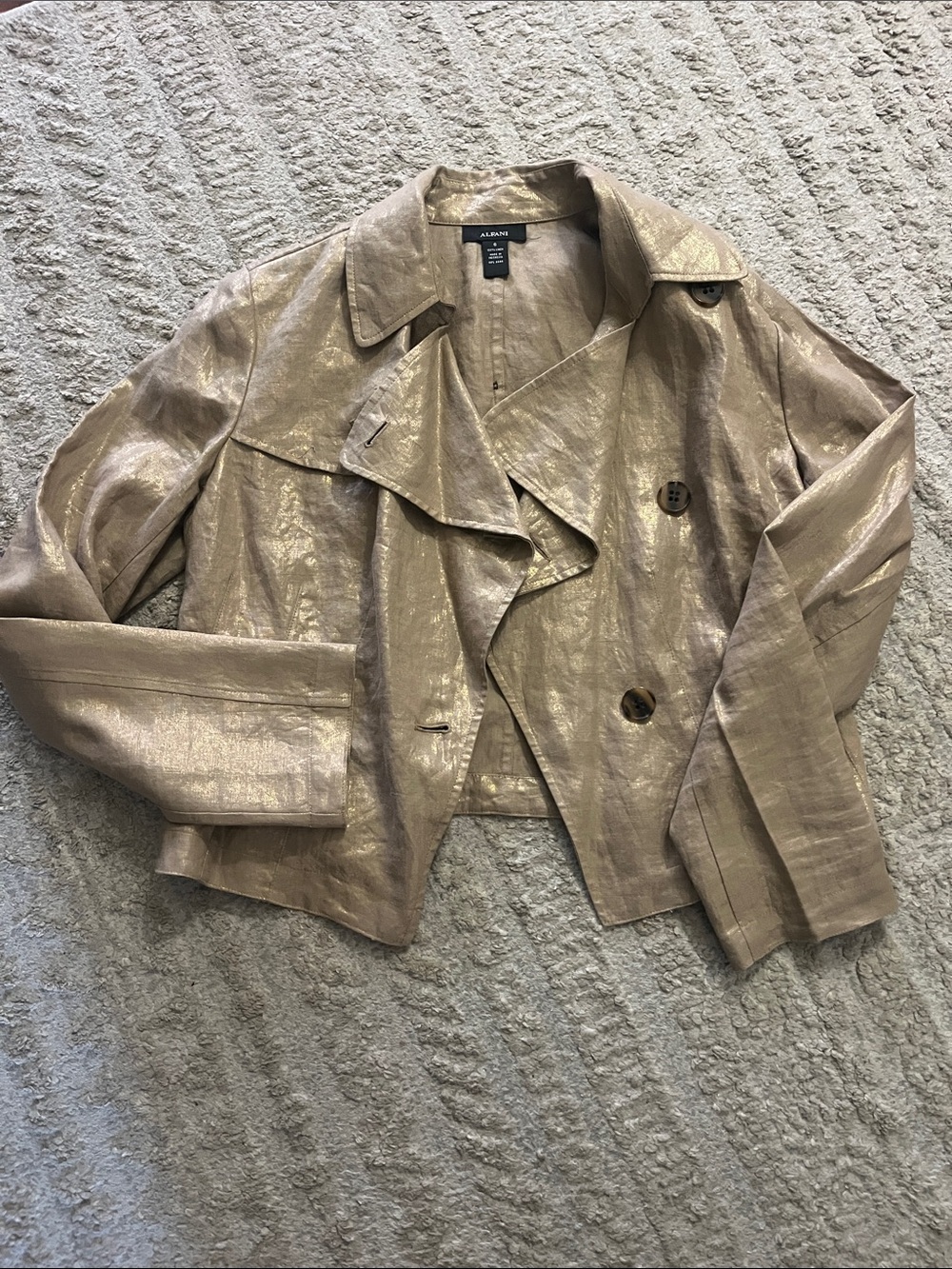 Alfani Shimmery Golf Taupe Collared Cropped 100% Linen Trench Coat Blazer 6